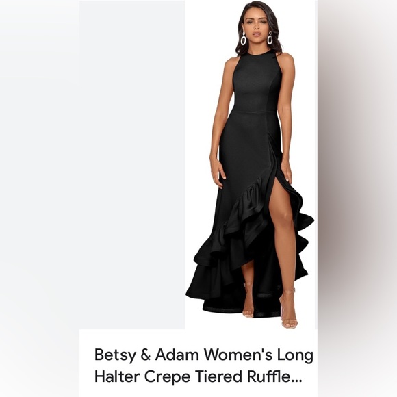 Betsy & Adam Women's Long Halter Crepe Tiered Ruffle Gown NWT Size 2 - Picture 3 of 16